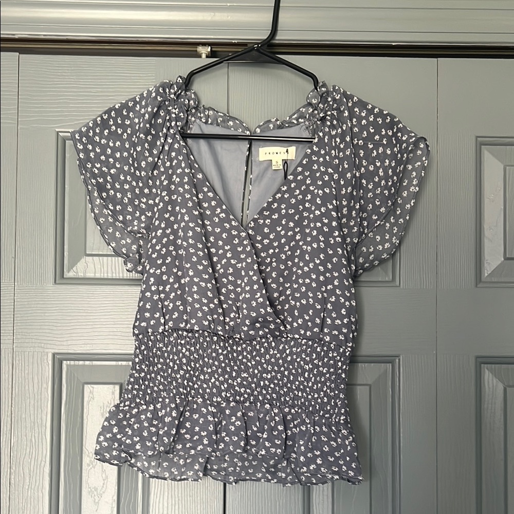 Promesa Blue and white Flutter Sleeve Wrap Blouse